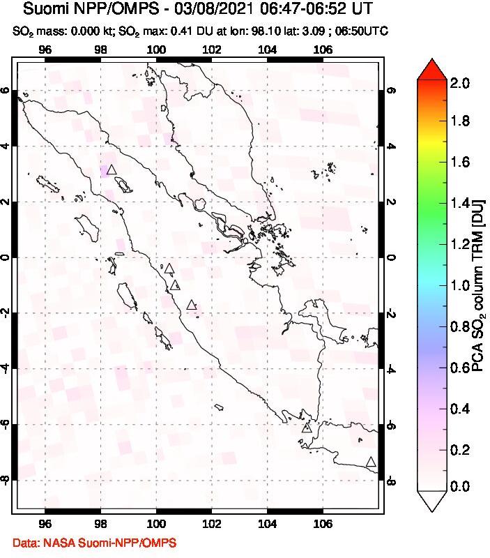 A sulfur dioxide image over Sumatra, Indonesia on Mar 08, 2021.