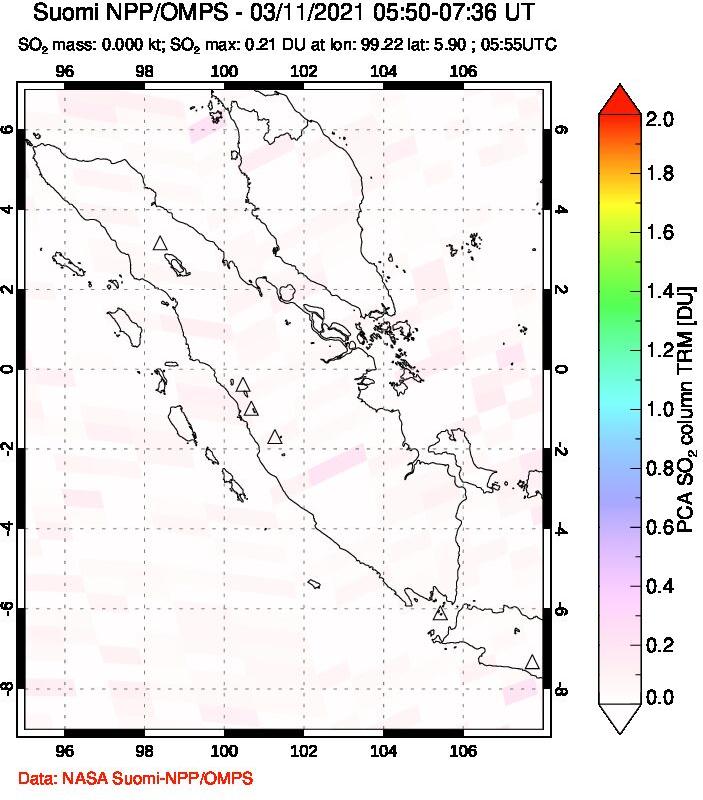 A sulfur dioxide image over Sumatra, Indonesia on Mar 11, 2021.