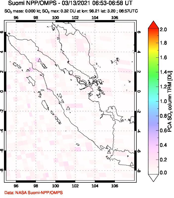 A sulfur dioxide image over Sumatra, Indonesia on Mar 13, 2021.