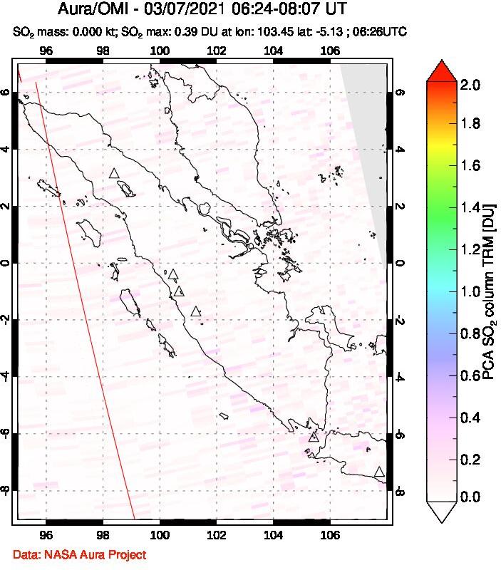 A sulfur dioxide image over Sumatra, Indonesia on Mar 07, 2021.