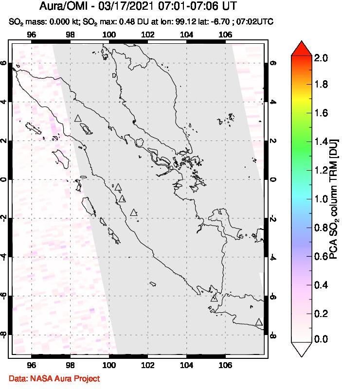 A sulfur dioxide image over Sumatra, Indonesia on Mar 17, 2021.