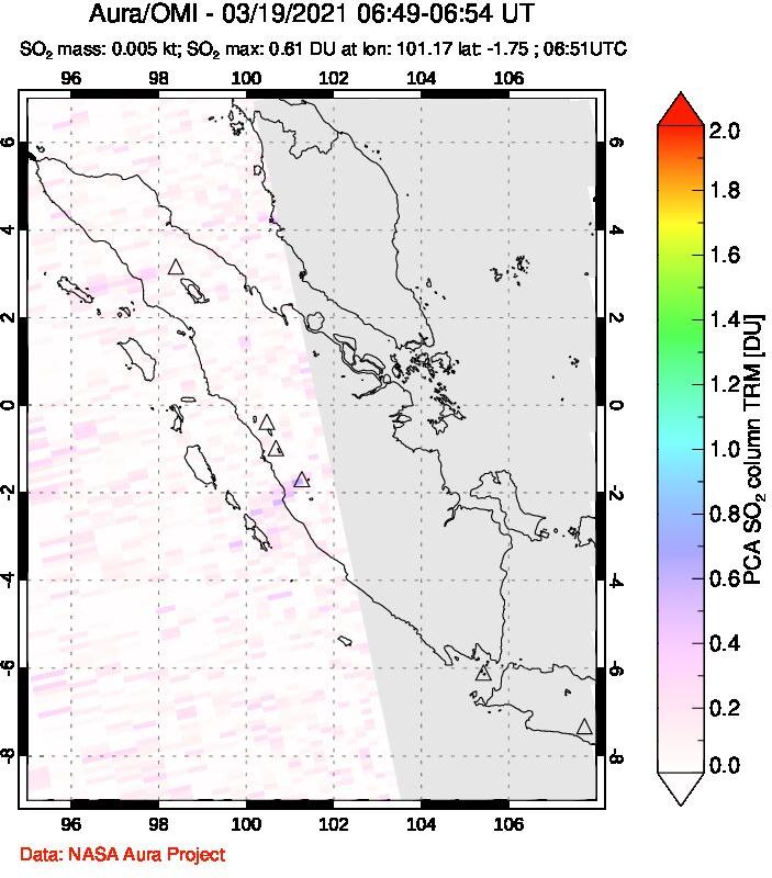 A sulfur dioxide image over Sumatra, Indonesia on Mar 19, 2021.