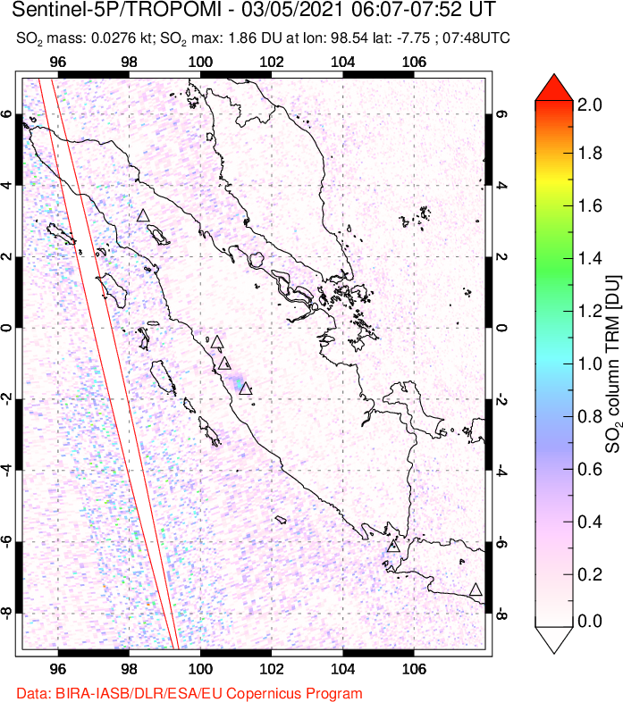 A sulfur dioxide image over Sumatra, Indonesia on Mar 05, 2021.
