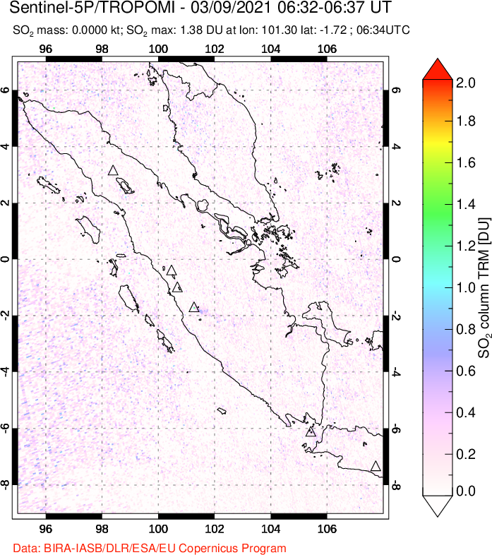 A sulfur dioxide image over Sumatra, Indonesia on Mar 09, 2021.