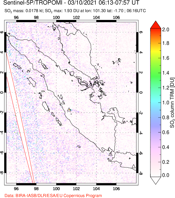 A sulfur dioxide image over Sumatra, Indonesia on Mar 10, 2021.