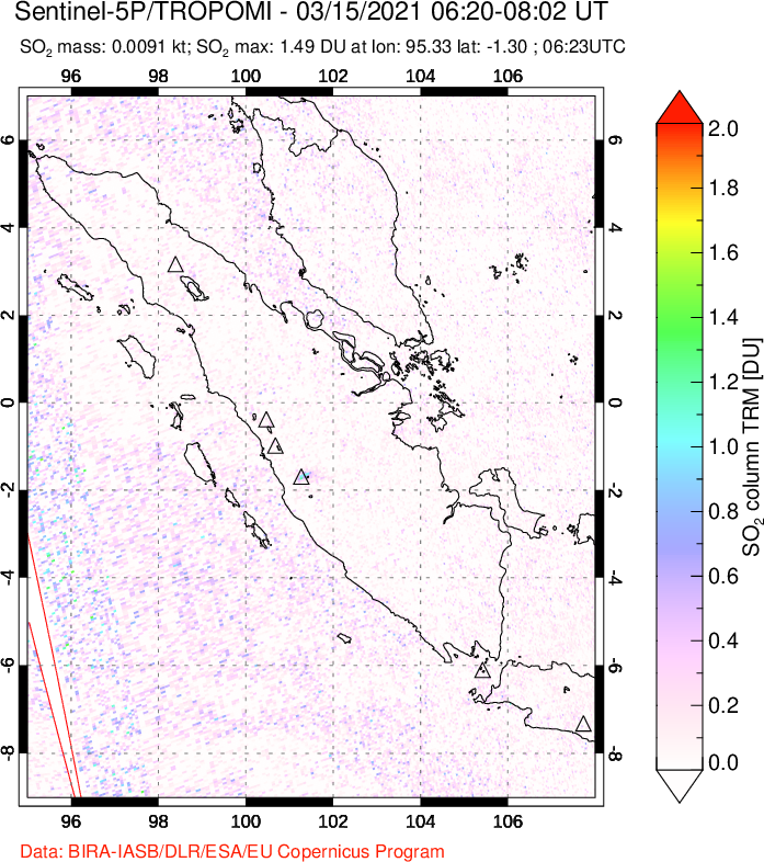 A sulfur dioxide image over Sumatra, Indonesia on Mar 15, 2021.