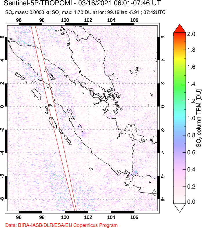A sulfur dioxide image over Sumatra, Indonesia on Mar 16, 2021.