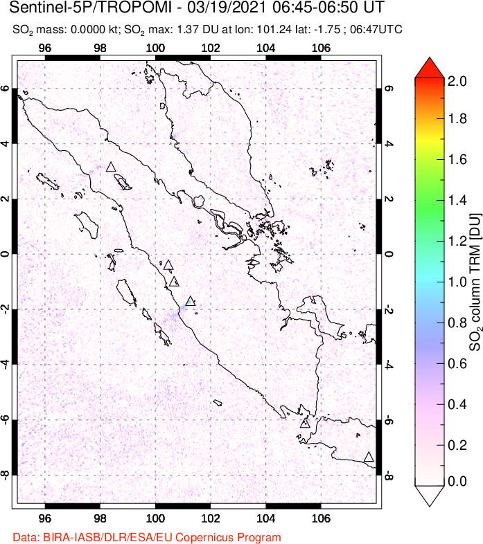 A sulfur dioxide image over Sumatra, Indonesia on Mar 19, 2021.