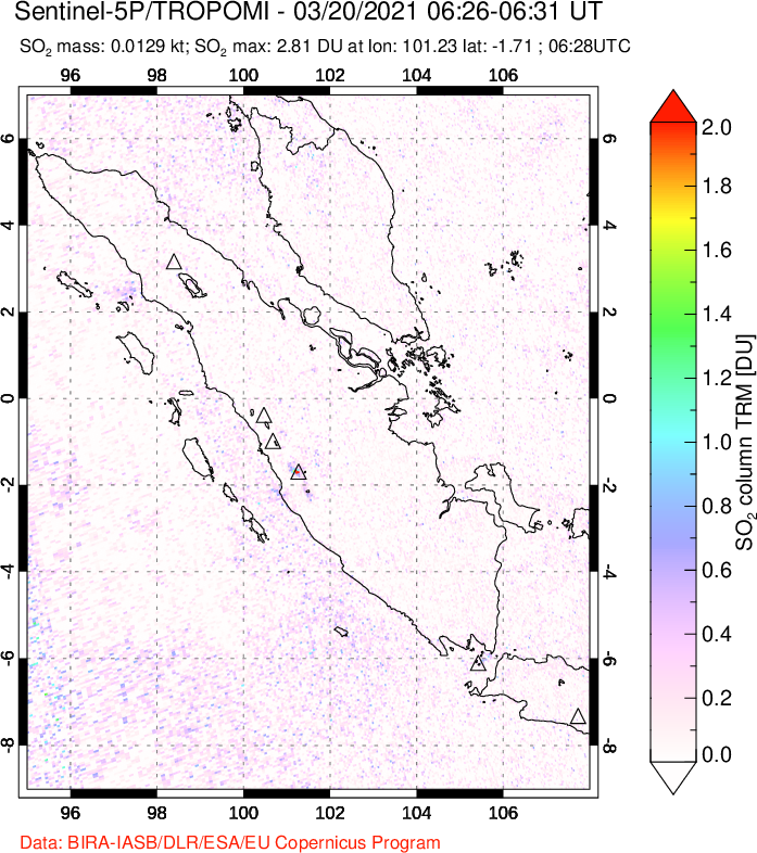 A sulfur dioxide image over Sumatra, Indonesia on Mar 20, 2021.