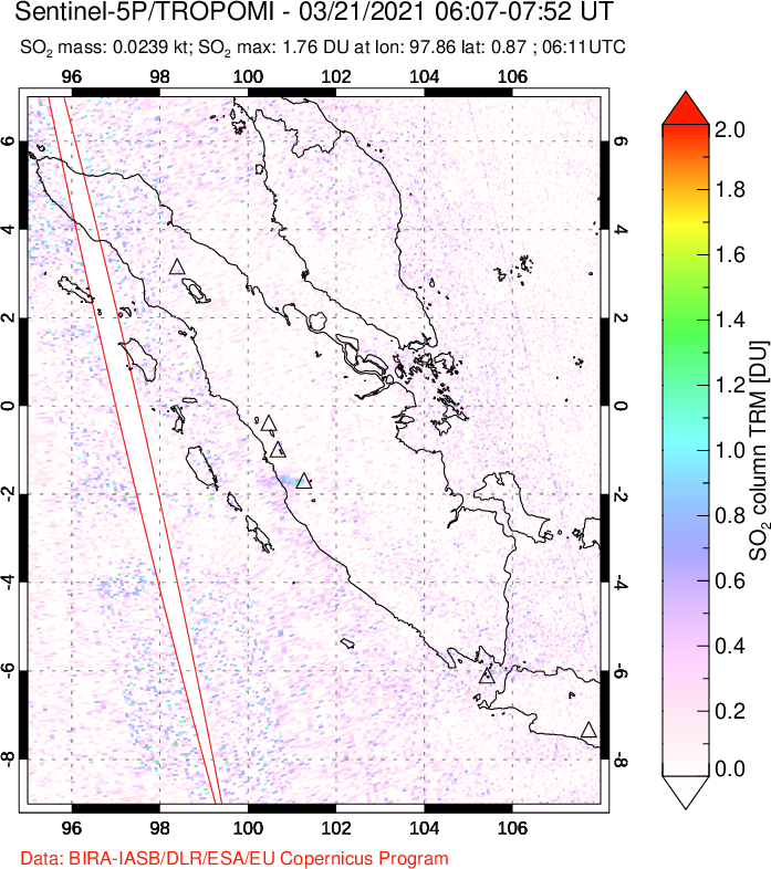 A sulfur dioxide image over Sumatra, Indonesia on Mar 21, 2021.