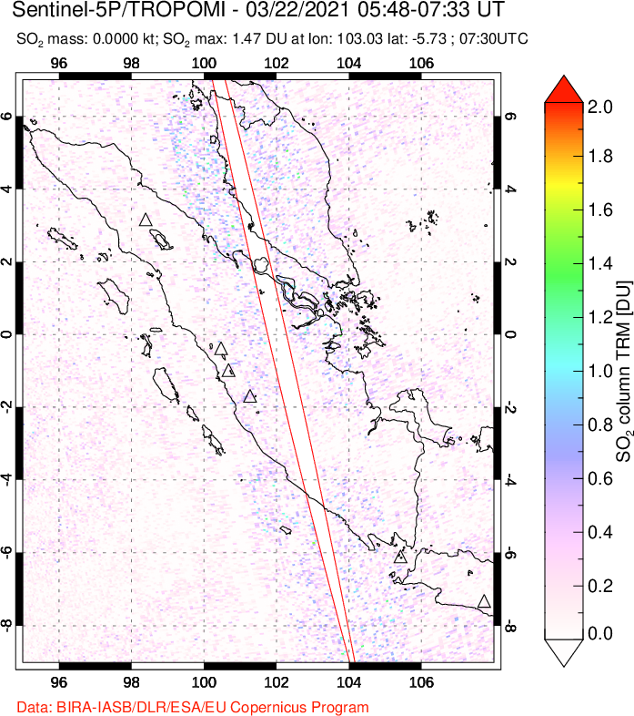 A sulfur dioxide image over Sumatra, Indonesia on Mar 22, 2021.