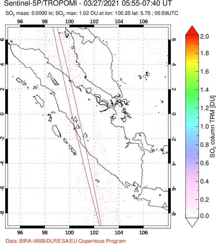 A sulfur dioxide image over Sumatra, Indonesia on Mar 27, 2021.