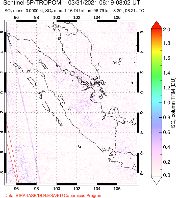 A sulfur dioxide image over Sumatra, Indonesia on Mar 31, 2021.