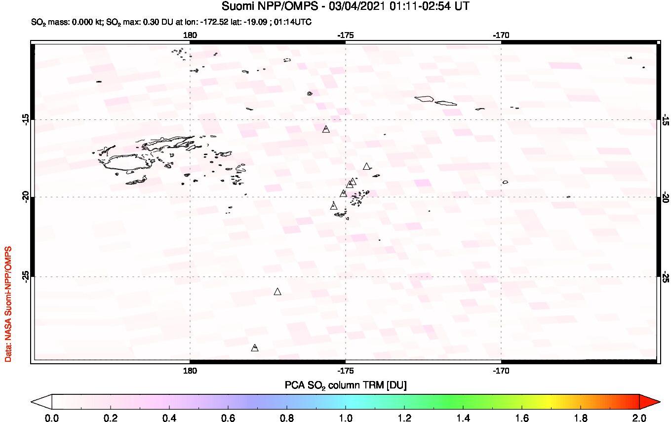 A sulfur dioxide image over Tonga, South Pacific on Mar 04, 2021.