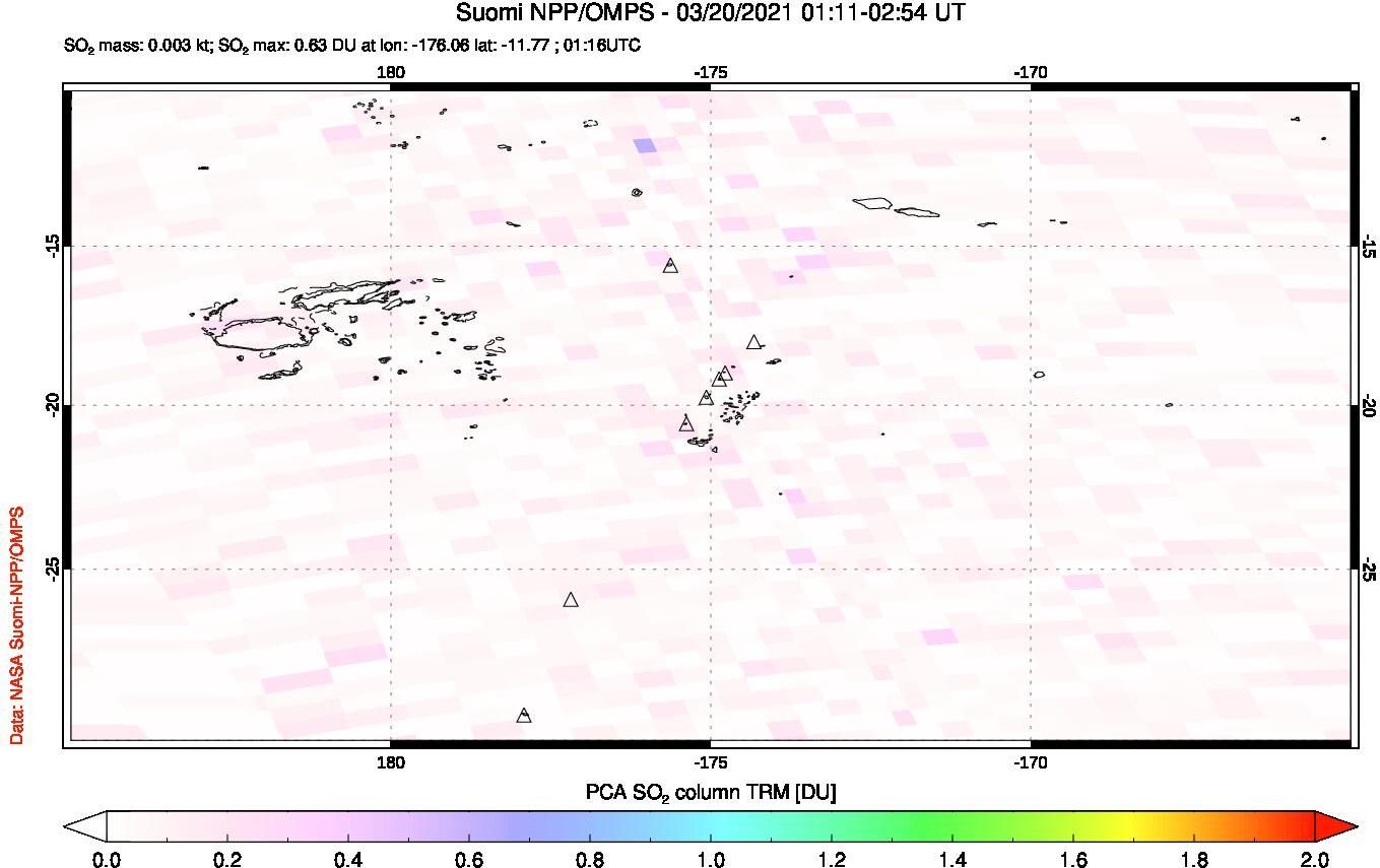 A sulfur dioxide image over Tonga, South Pacific on Mar 20, 2021.