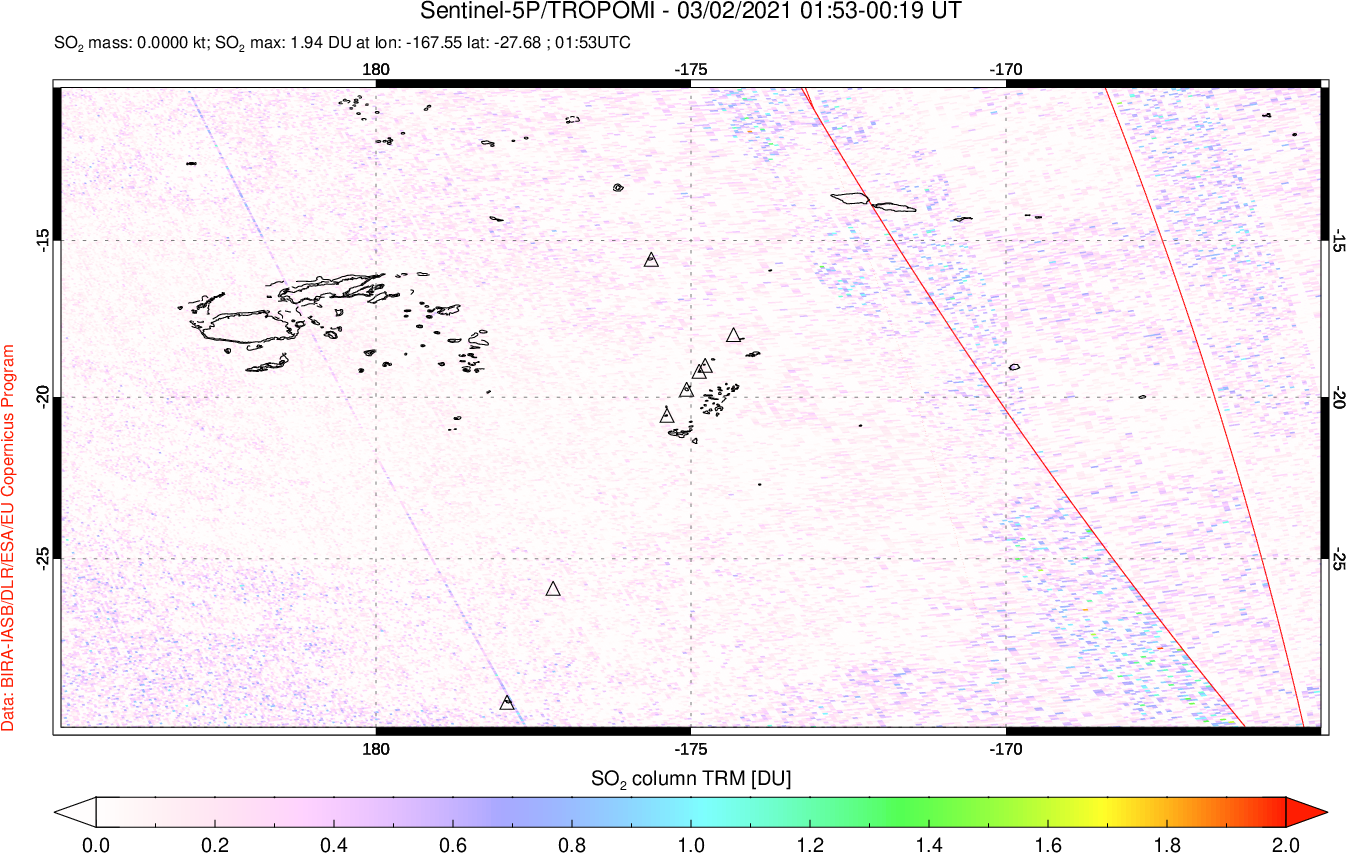 A sulfur dioxide image over Tonga, South Pacific on Mar 02, 2021.