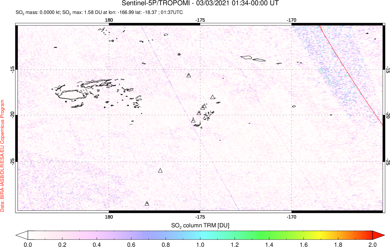A sulfur dioxide image over Tonga, South Pacific on Mar 03, 2021.
