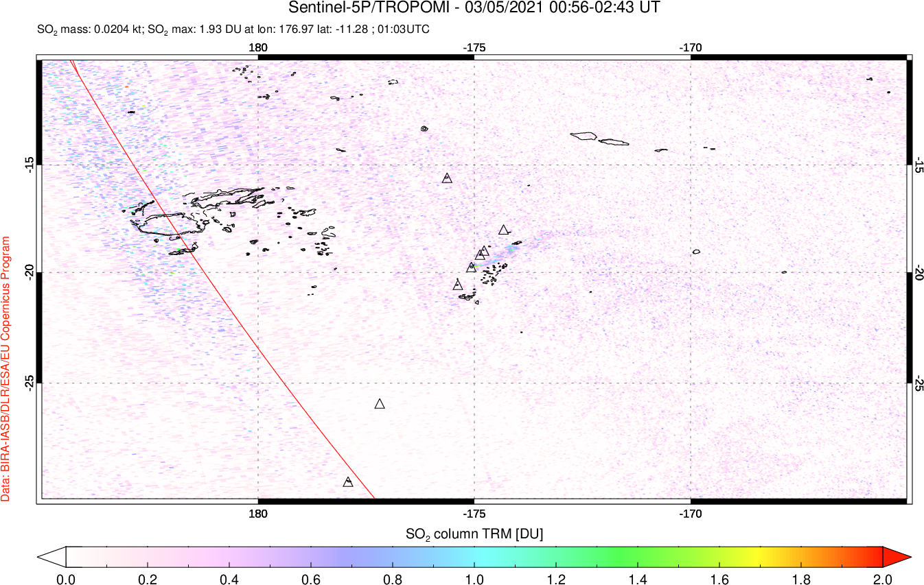 A sulfur dioxide image over Tonga, South Pacific on Mar 05, 2021.