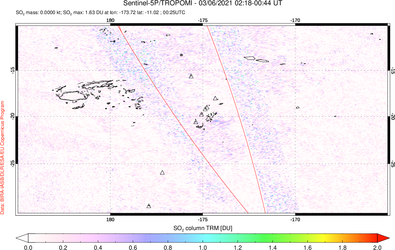 A sulfur dioxide image over Tonga, South Pacific on Mar 06, 2021.