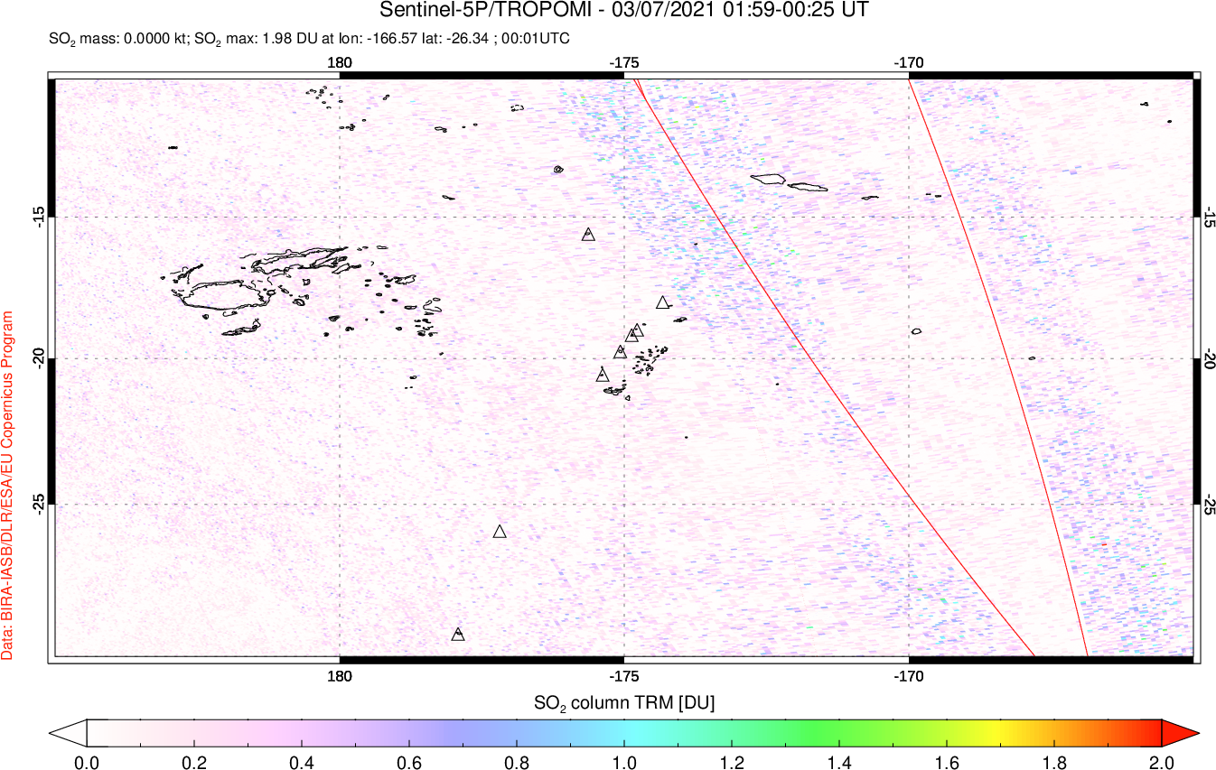 A sulfur dioxide image over Tonga, South Pacific on Mar 07, 2021.