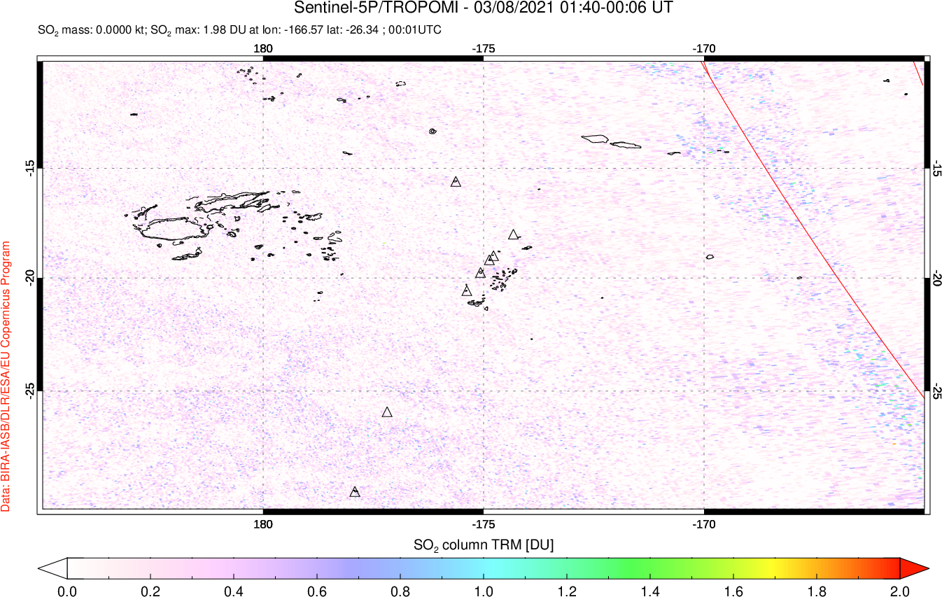 A sulfur dioxide image over Tonga, South Pacific on Mar 08, 2021.