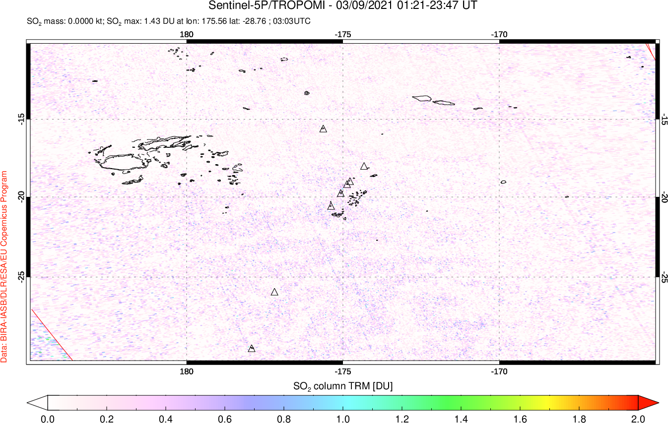 A sulfur dioxide image over Tonga, South Pacific on Mar 09, 2021.