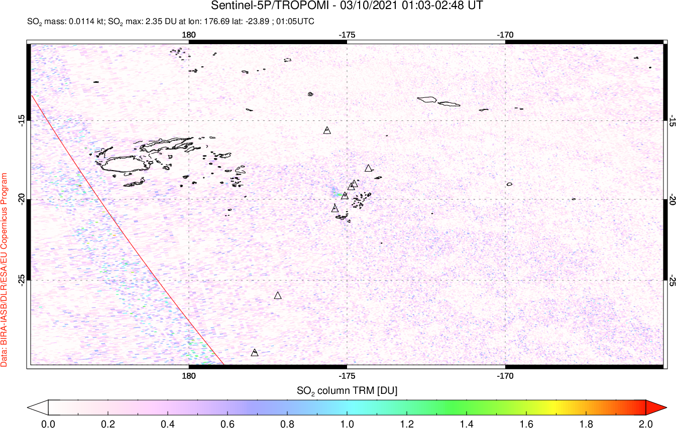 A sulfur dioxide image over Tonga, South Pacific on Mar 10, 2021.