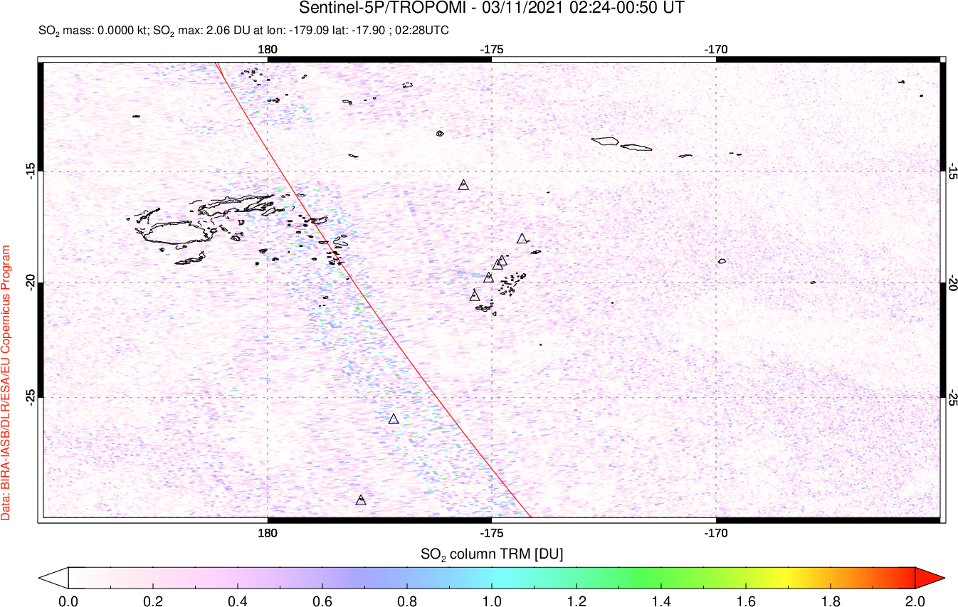 A sulfur dioxide image over Tonga, South Pacific on Mar 11, 2021.