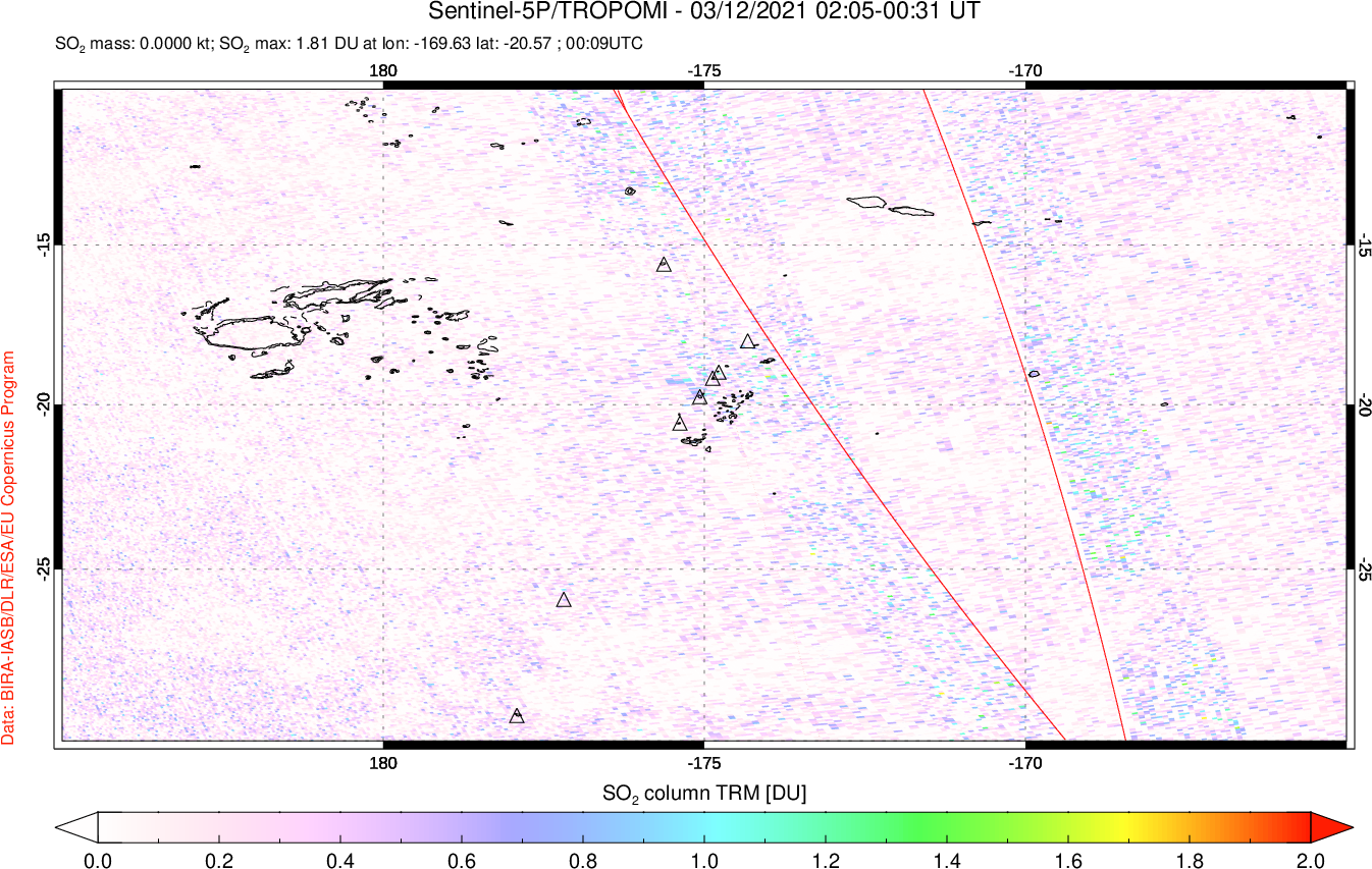 A sulfur dioxide image over Tonga, South Pacific on Mar 12, 2021.