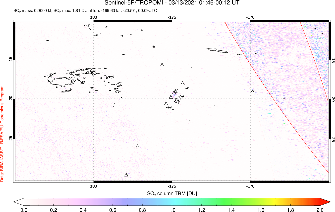 A sulfur dioxide image over Tonga, South Pacific on Mar 13, 2021.