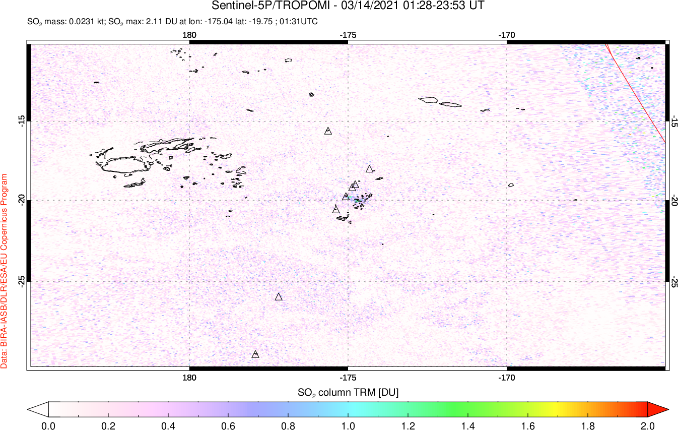 A sulfur dioxide image over Tonga, South Pacific on Mar 14, 2021.