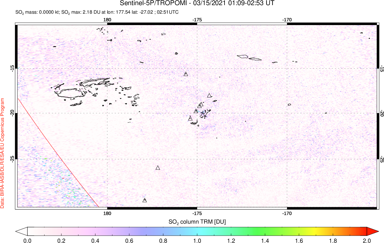 A sulfur dioxide image over Tonga, South Pacific on Mar 15, 2021.