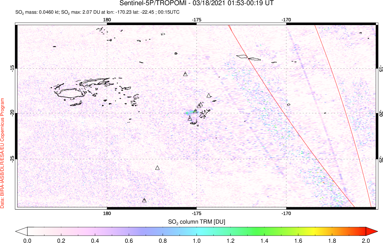 A sulfur dioxide image over Tonga, South Pacific on Mar 18, 2021.