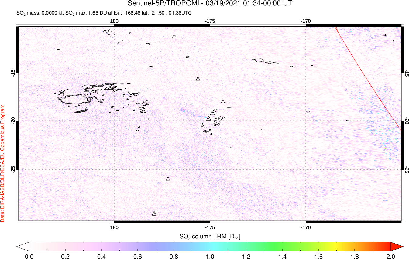 A sulfur dioxide image over Tonga, South Pacific on Mar 19, 2021.