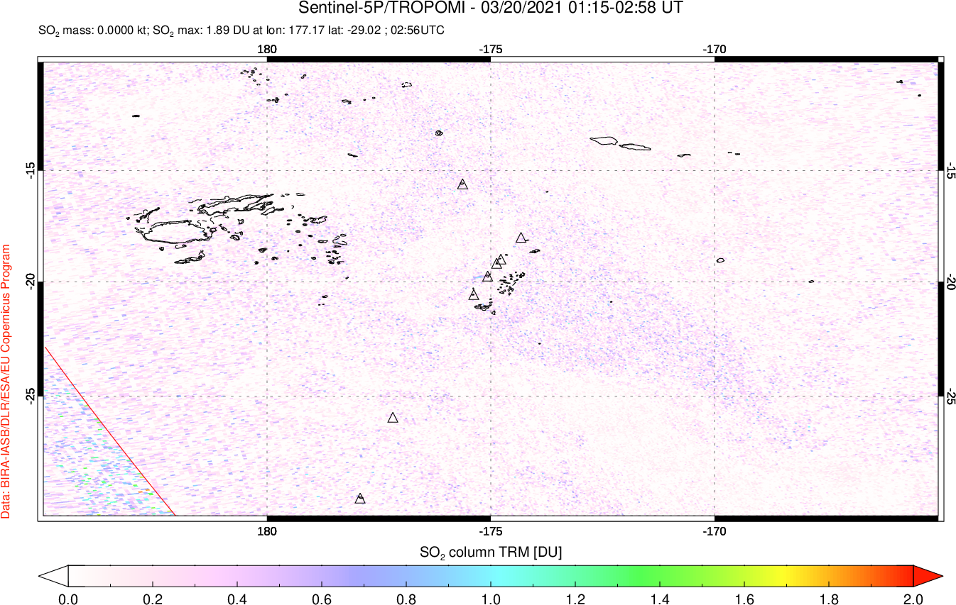 A sulfur dioxide image over Tonga, South Pacific on Mar 20, 2021.