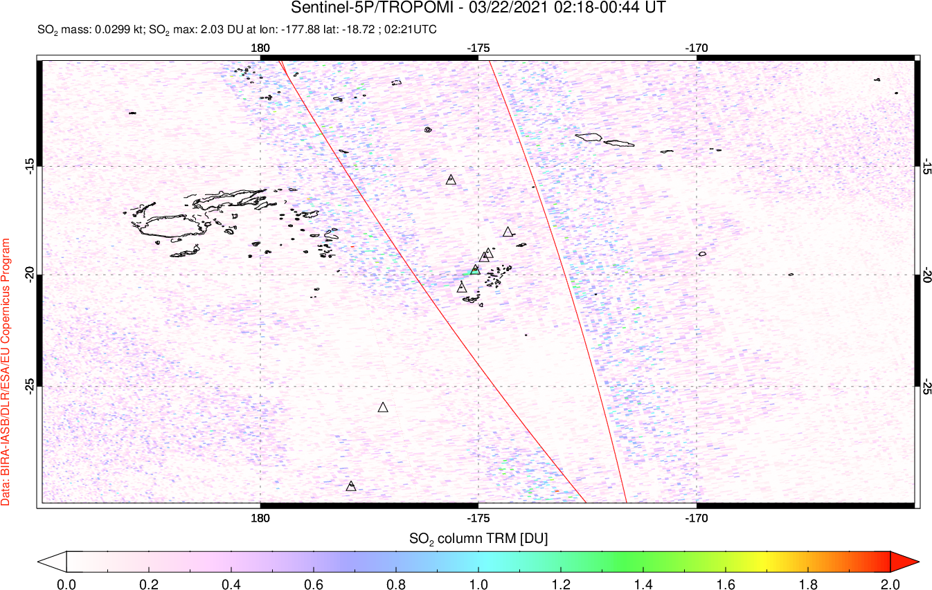 A sulfur dioxide image over Tonga, South Pacific on Mar 22, 2021.