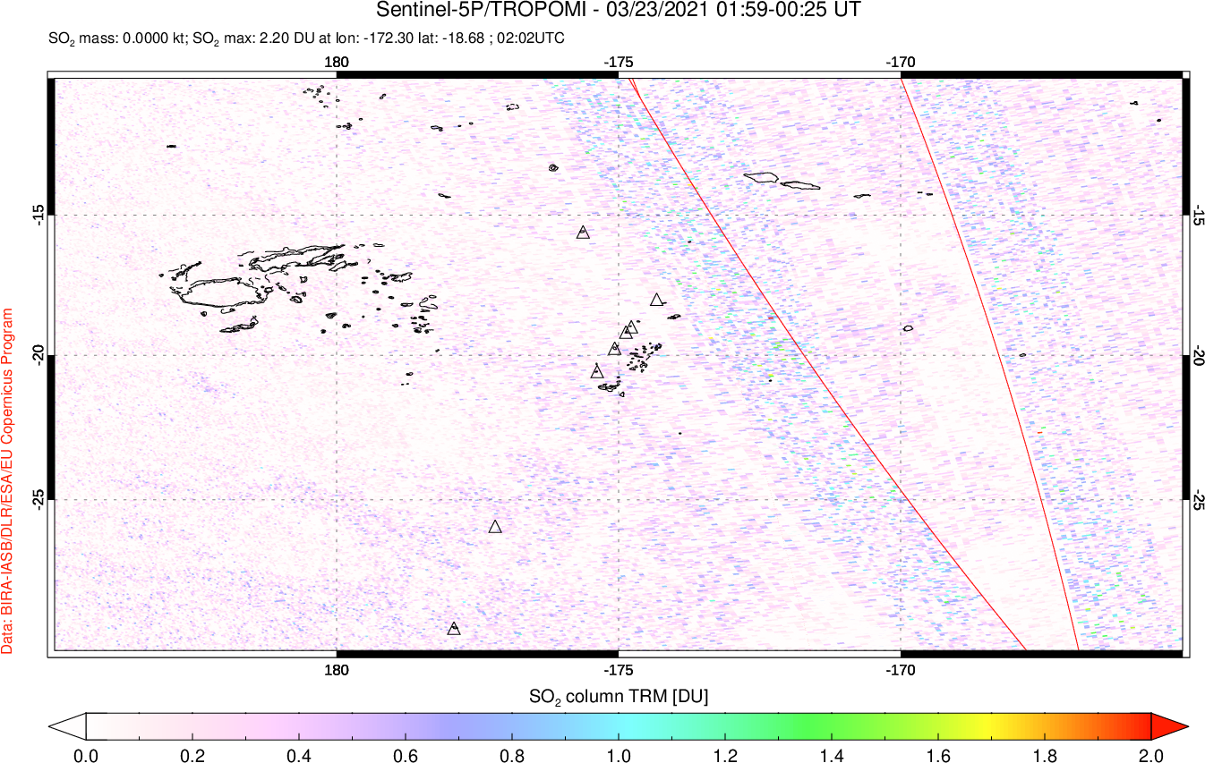 A sulfur dioxide image over Tonga, South Pacific on Mar 23, 2021.