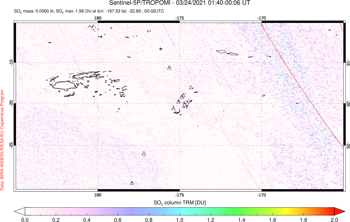 A sulfur dioxide image over Tonga, South Pacific on Mar 24, 2021.