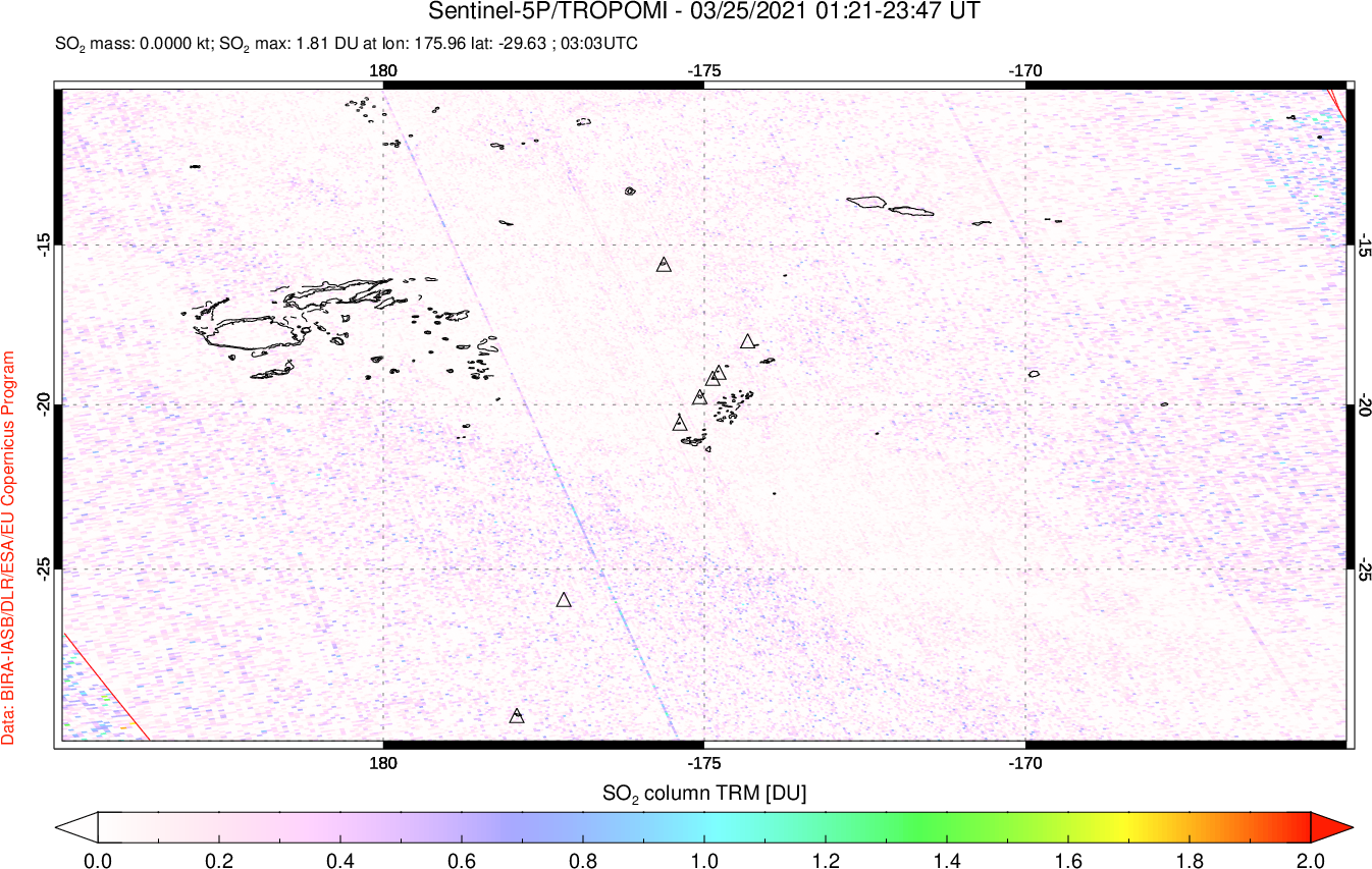 A sulfur dioxide image over Tonga, South Pacific on Mar 25, 2021.