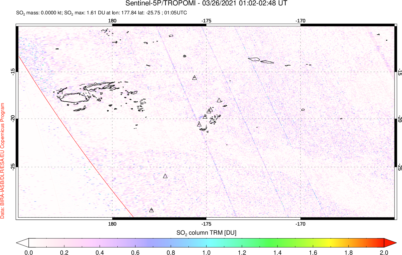 A sulfur dioxide image over Tonga, South Pacific on Mar 26, 2021.