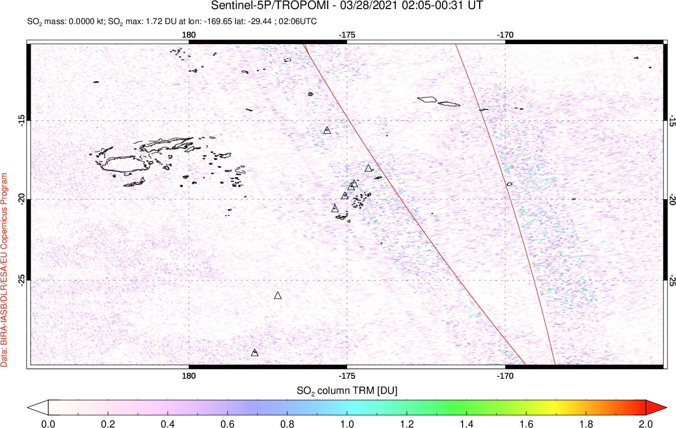 A sulfur dioxide image over Tonga, South Pacific on Mar 28, 2021.