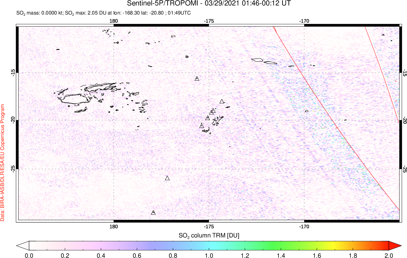 A sulfur dioxide image over Tonga, South Pacific on Mar 29, 2021.