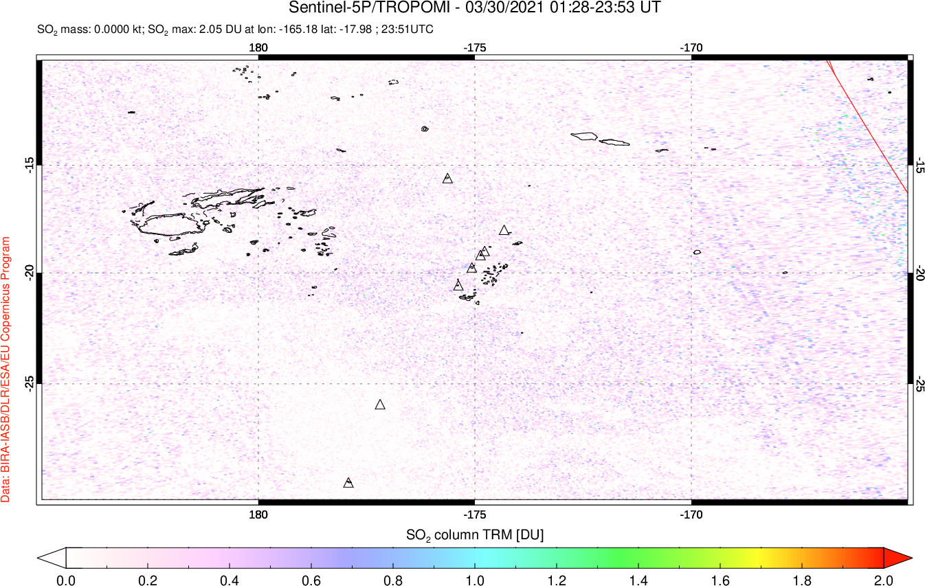 A sulfur dioxide image over Tonga, South Pacific on Mar 30, 2021.