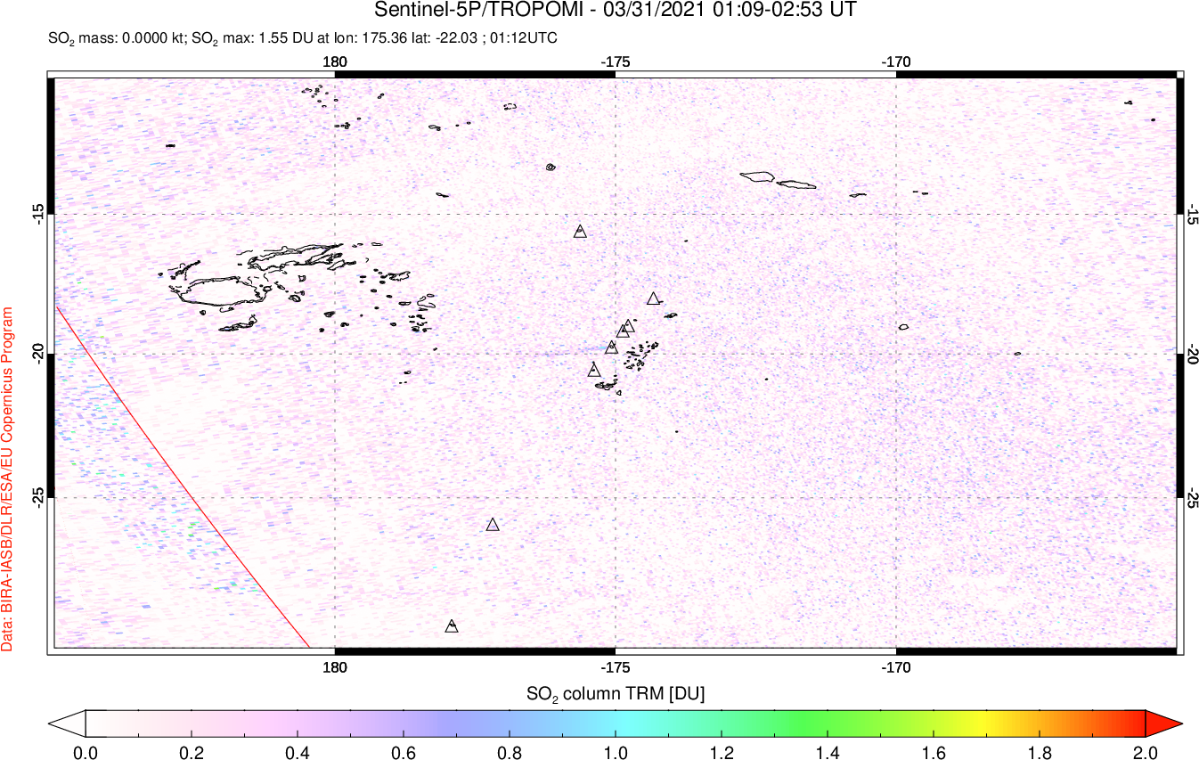 A sulfur dioxide image over Tonga, South Pacific on Mar 31, 2021.