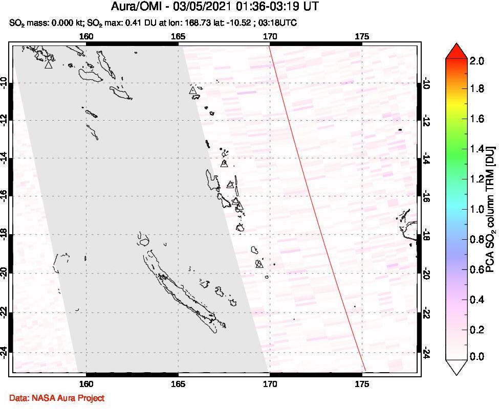 A sulfur dioxide image over Vanuatu, South Pacific on Mar 05, 2021.