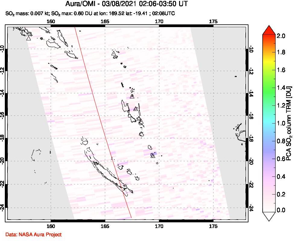 A sulfur dioxide image over Vanuatu, South Pacific on Mar 08, 2021.