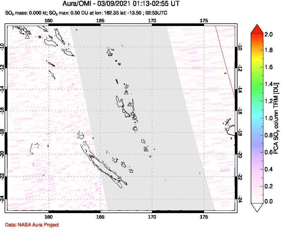 A sulfur dioxide image over Vanuatu, South Pacific on Mar 09, 2021.