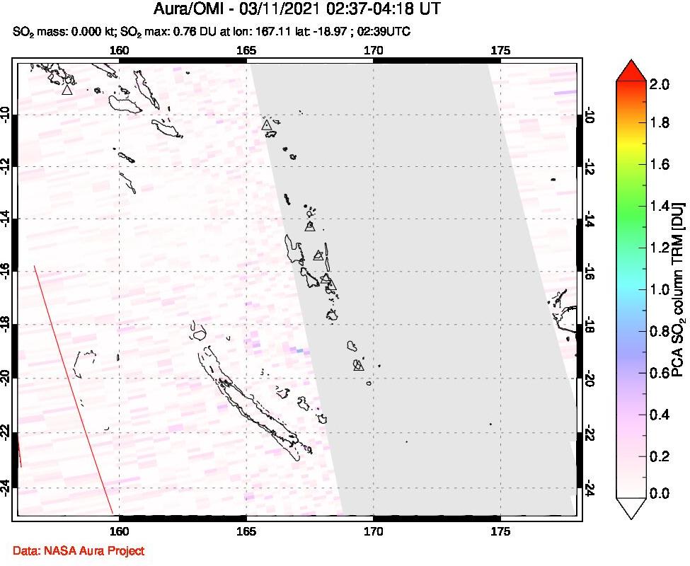 A sulfur dioxide image over Vanuatu, South Pacific on Mar 11, 2021.