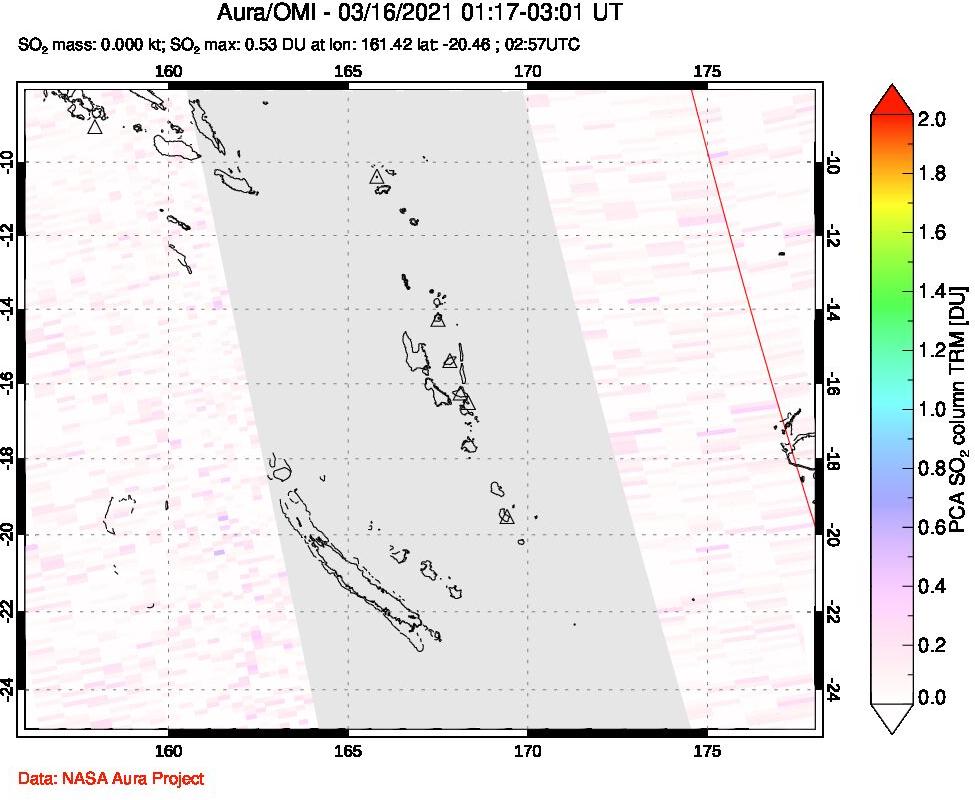 A sulfur dioxide image over Vanuatu, South Pacific on Mar 16, 2021.