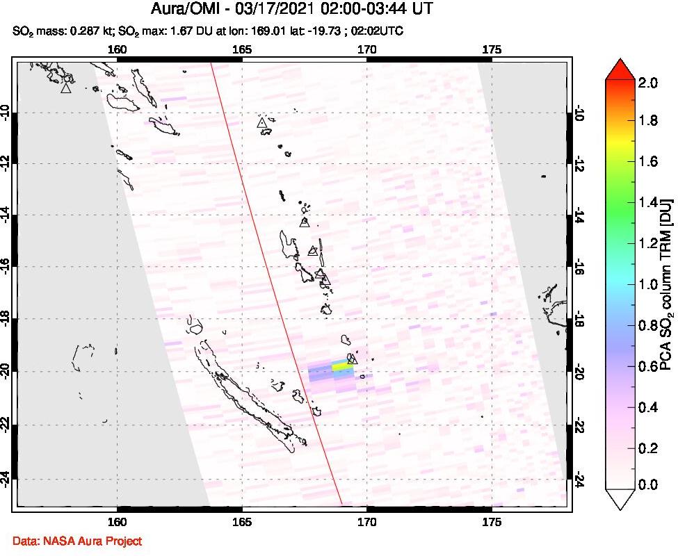 A sulfur dioxide image over Vanuatu, South Pacific on Mar 17, 2021.